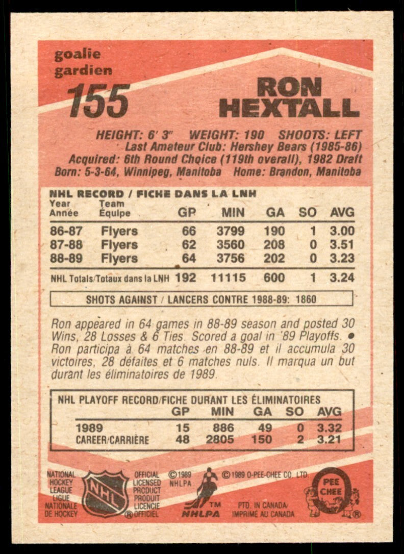 1989-90 O-Pee-Chee Ron Hextall . Philadelphia Flyers #155