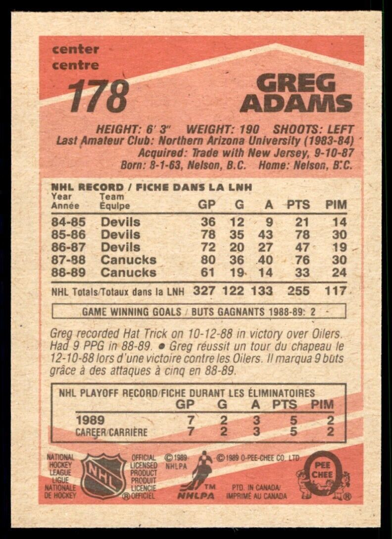 1989-90 O-Pee-Chee Greg Adams . Vancouver Canucks #178