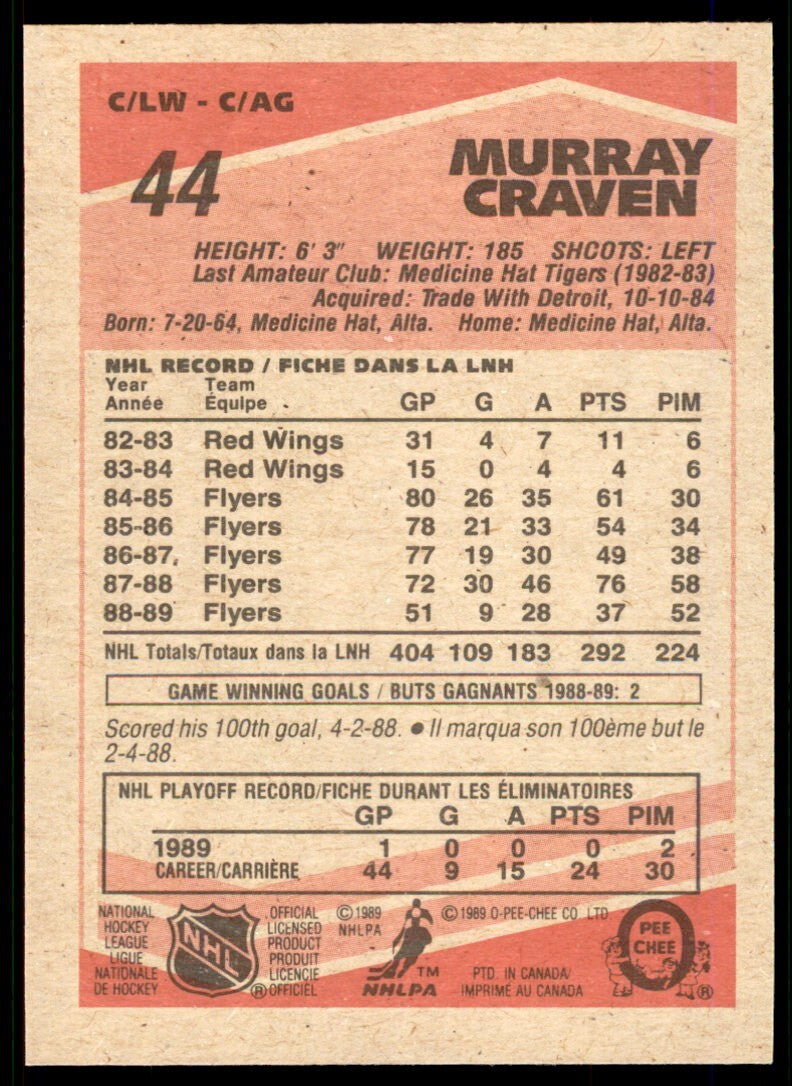 1989-90 O-Pee-Chee Murray Craven . Philadelphia Flyers #44
