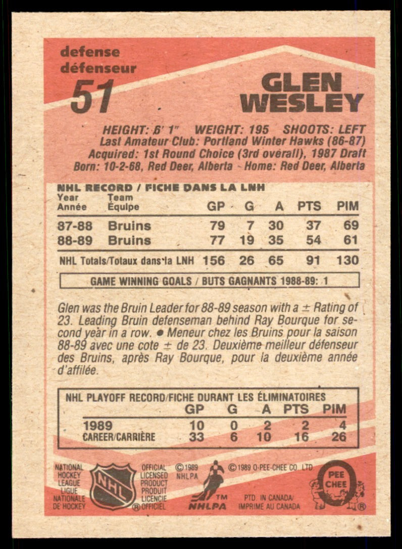 1989-90 O-Pee-Chee Glen Wesley . Boston Bruins #51
