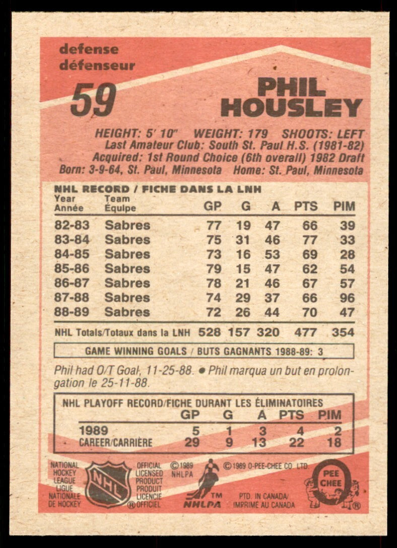 1989-90 O-Pee-Chee Phil Housley . Buffalo Sabres #59