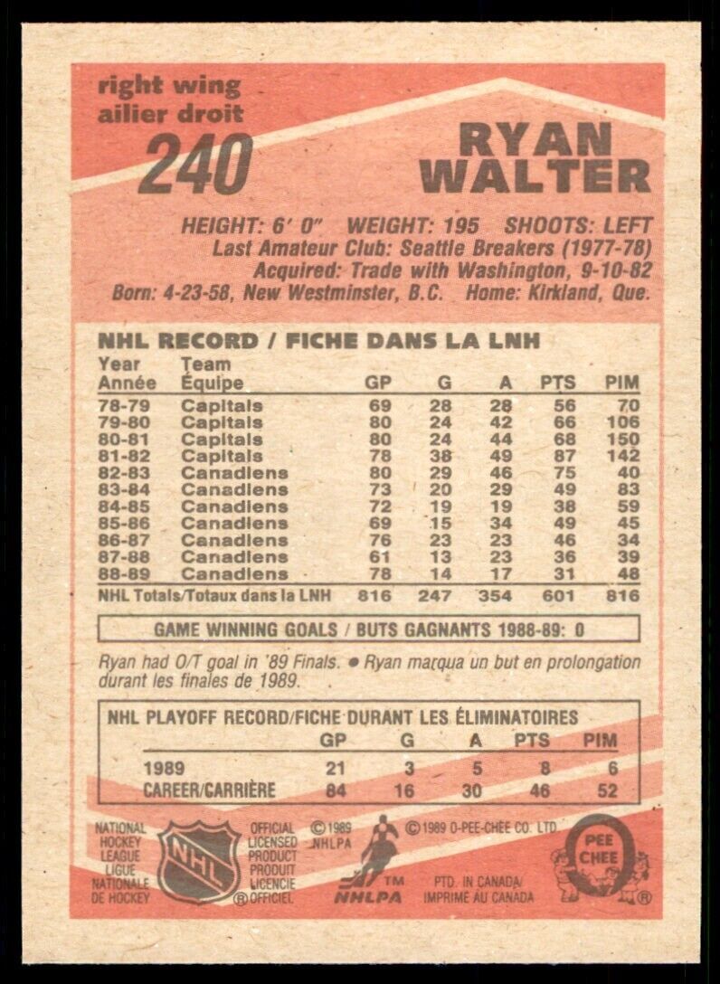 1989-90 O-Pee-Chee Ryan Walter . Montreal Canadiens #240