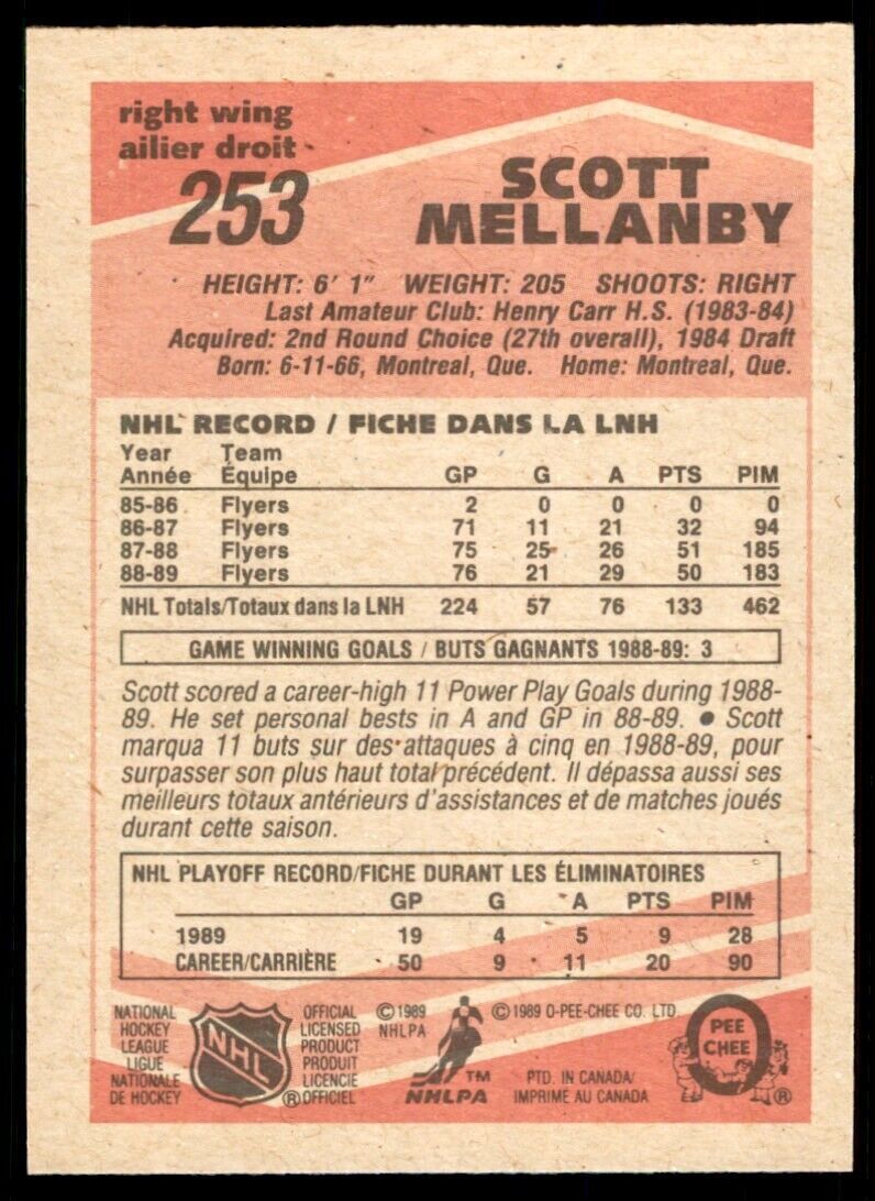 1989-90 O-Pee-Chee Scott Mellanby . Philadelphia Flyers #253