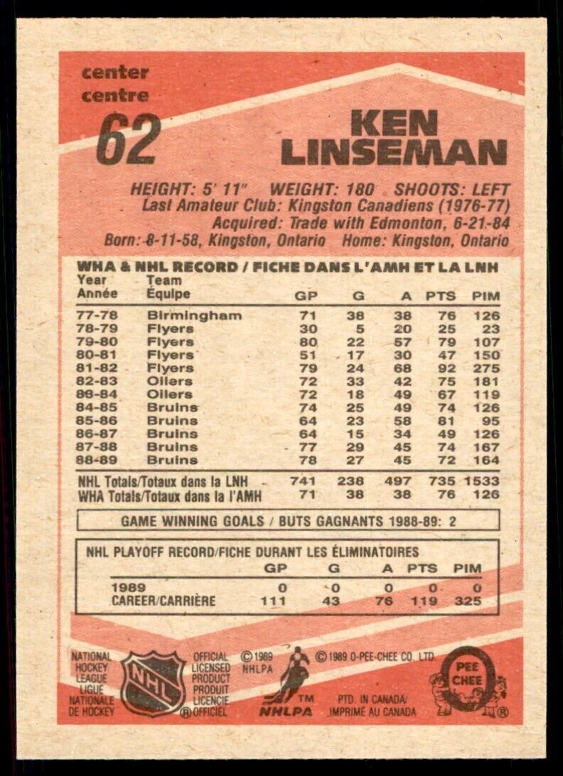 1989-90 O-Pee-Chee Ken Linseman . Boston Bruins #62