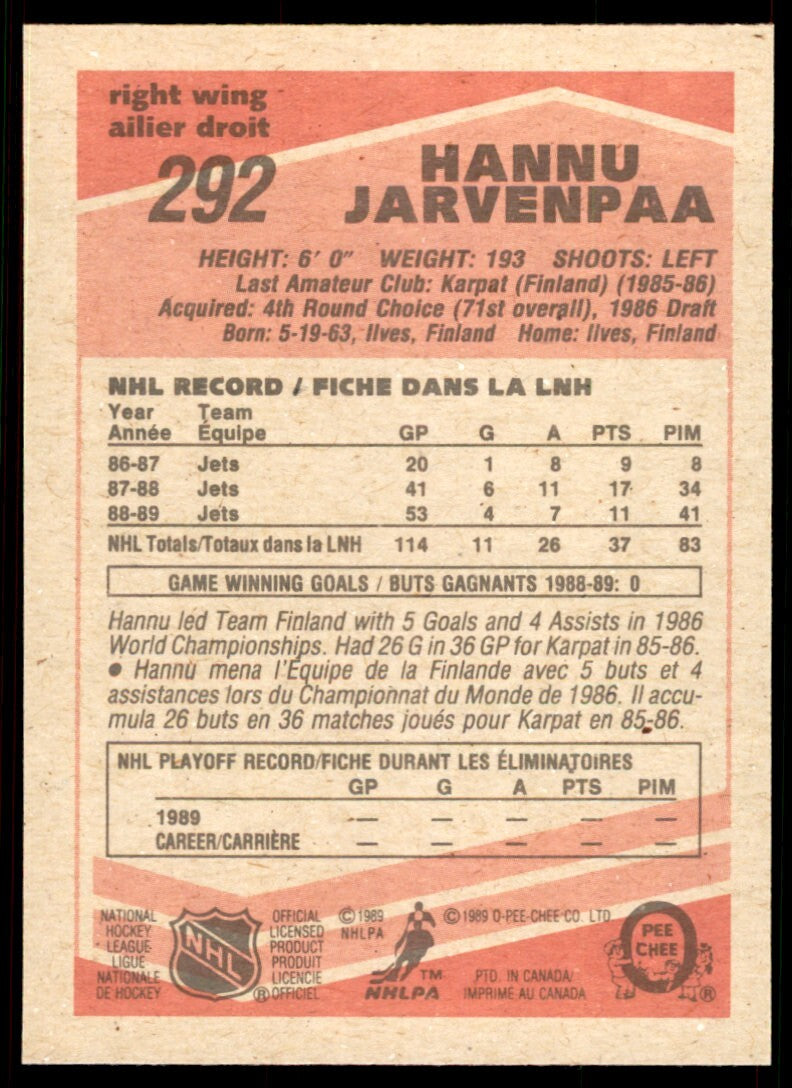 1989-90 O-Pee-Chee Hannu Jarvenpaa Rookie . Winnipeg Jets #292