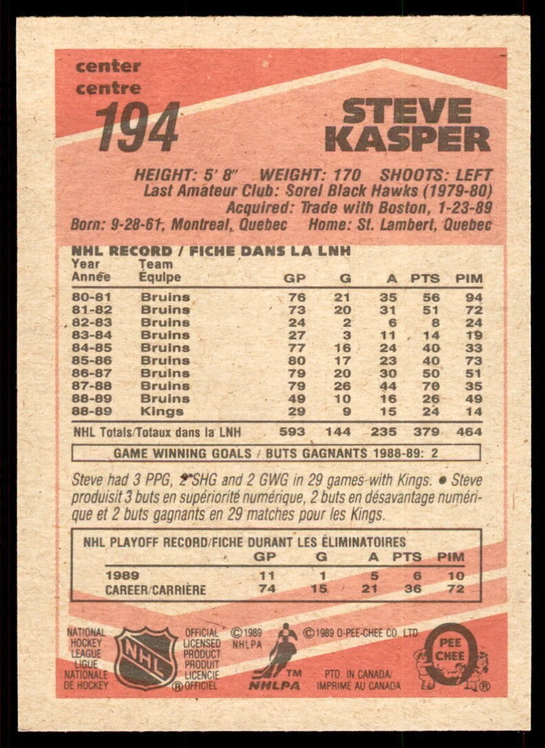 1989-90 O-Pee-Chee Steve Kasper . Los Angeles Kings #194