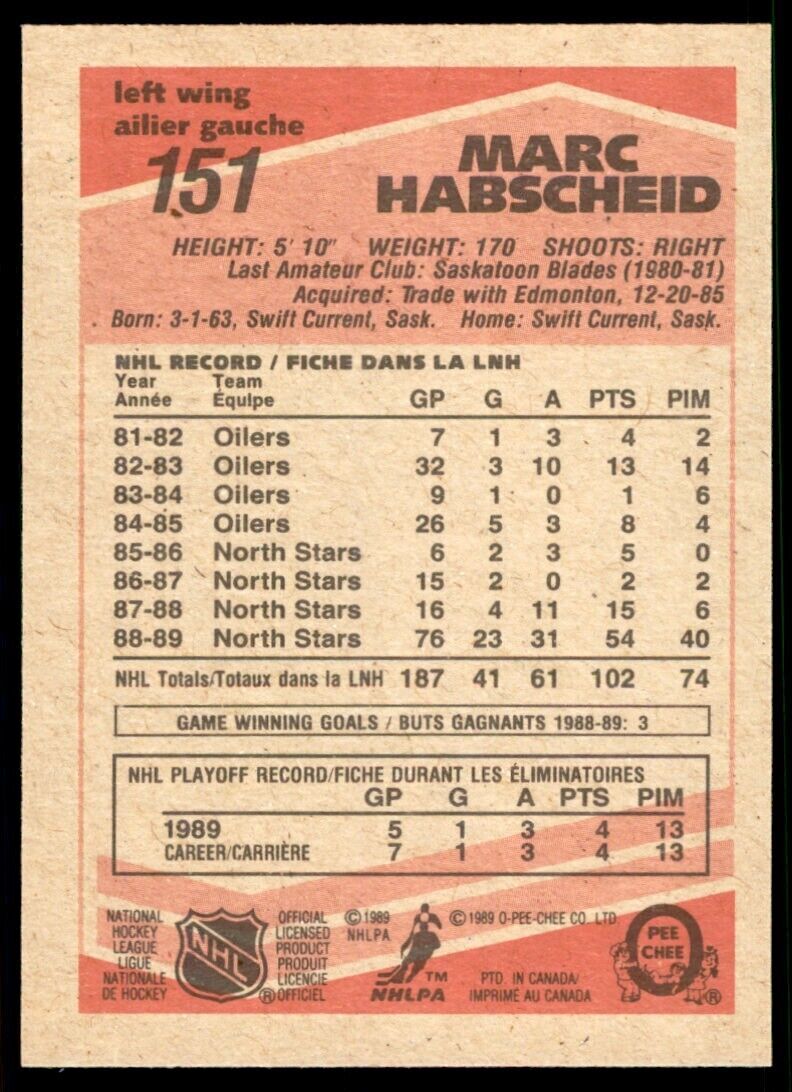 1989-90 O-Pee-Chee Marc Habscheid Rookie . Detroit Red Wings #151