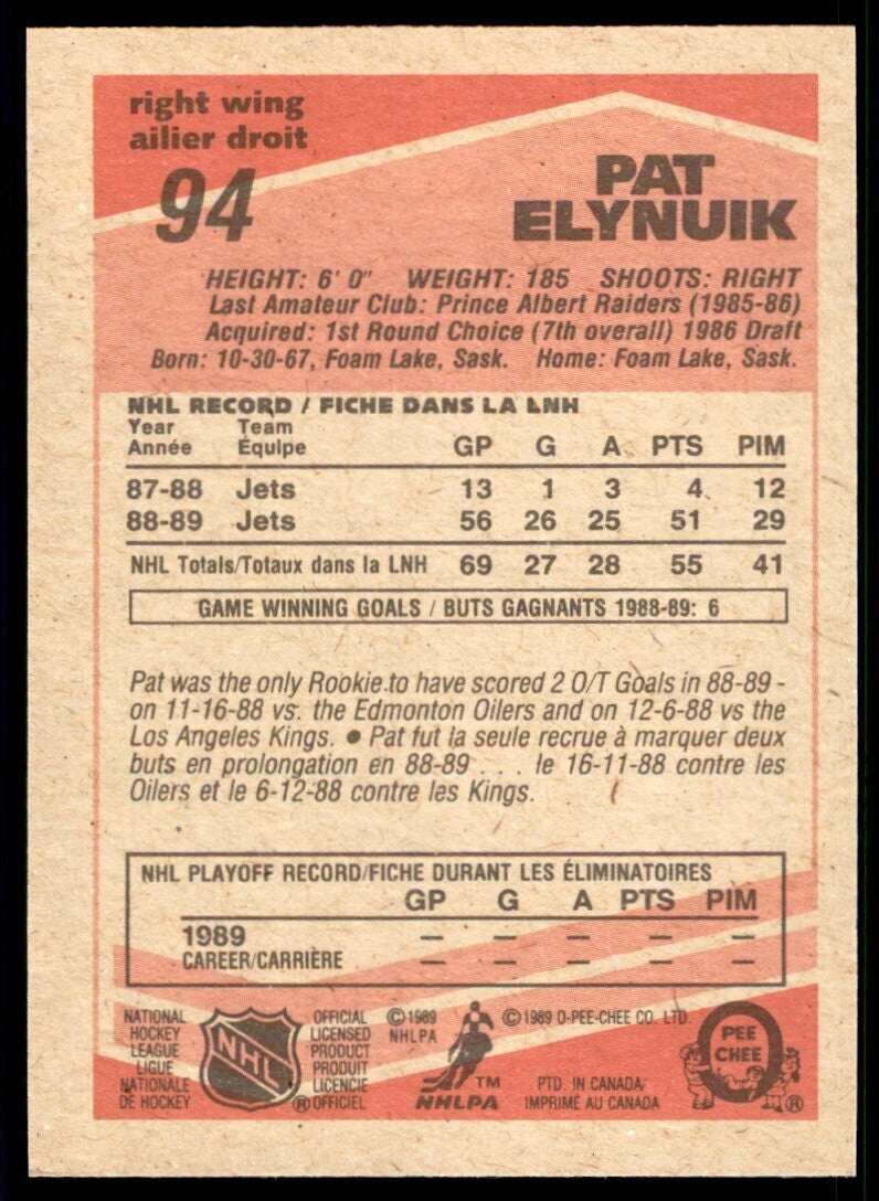 1989-90 O-Pee-Chee Pat Elynuik Rookie . Winnipeg Jets #94