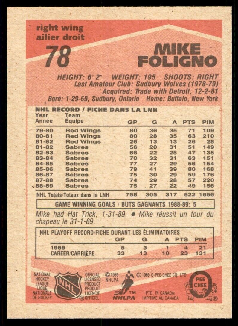 1989-90 O-Pee-Chee Mike Foligno . Buffalo Sabres #78
