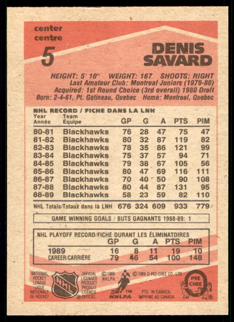 1989-90 O-Pee-Chee Denis Savard . Chicago Blackhawks #5