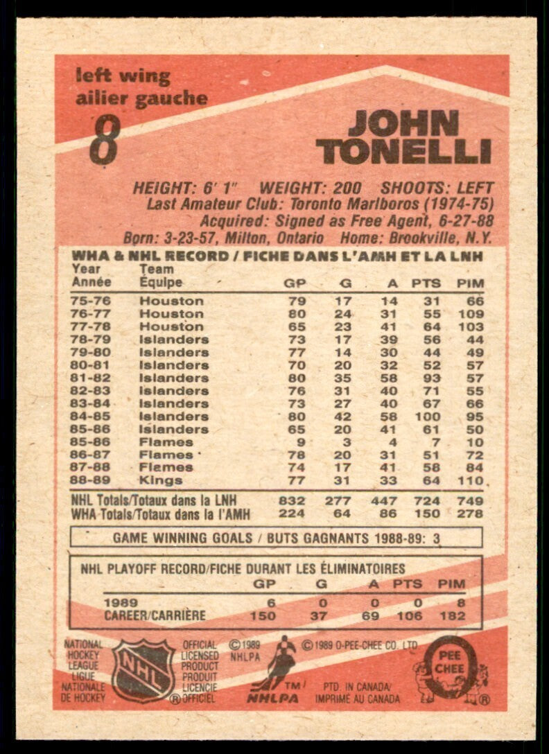 1989-90 O-Pee-Chee John Tonelli . Los Angeles Kings #8