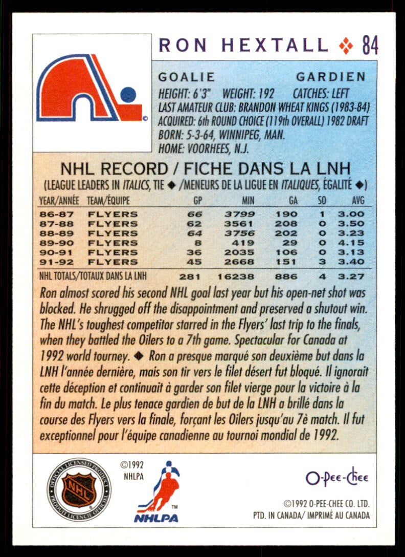 1992-93 O-Pee-Chee Ron Hextall . Quebec Nordiques #84