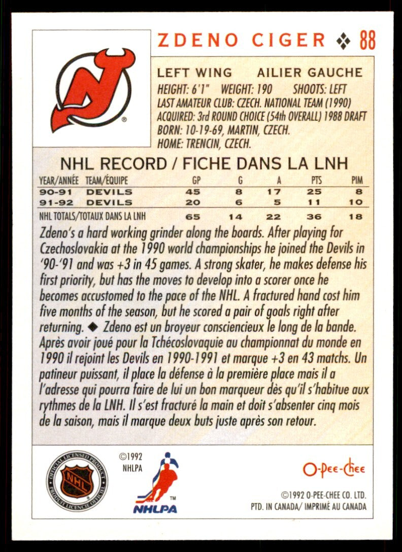 1992-93 O-Pee-Chee Zdeno Ciger . New Jersey Devils #88