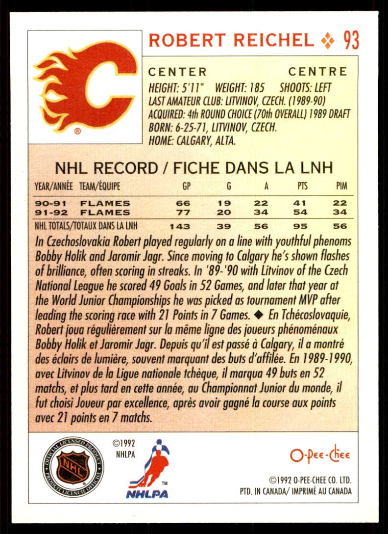 1992-93 O-Pee-Chee Robert Reichel . Calgary Flames #93