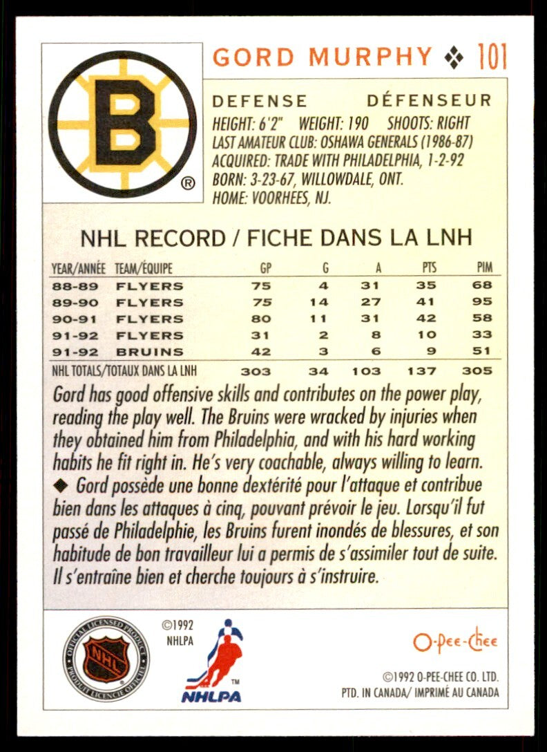 1992-93 O-Pee-Chee Gord Murphy . Boston Bruins #101