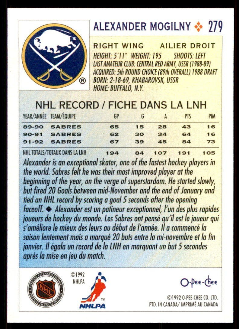 1992-93 O-Pee-Chee Alexander Mogilny . Buffalo Sabres #279