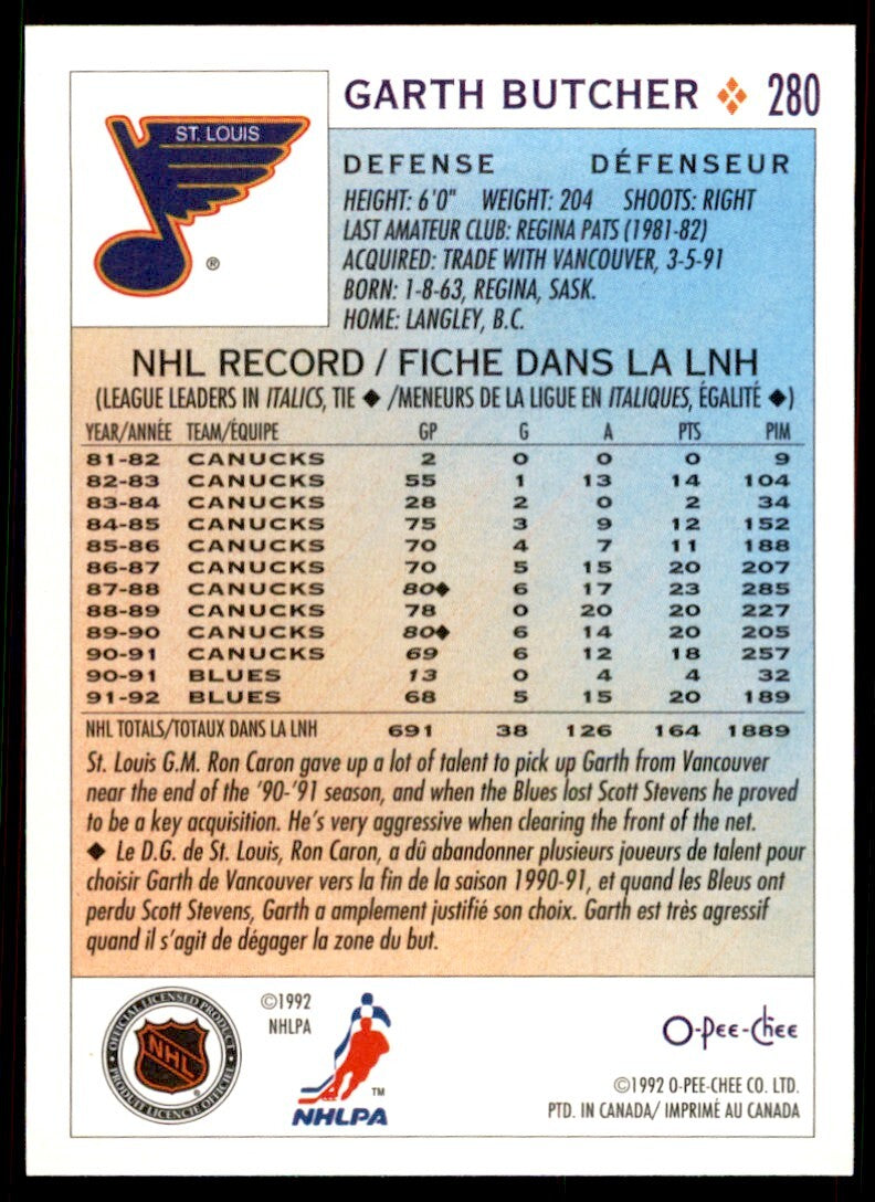 1992-93 O-Pee-Chee Garth Butcher . St. Louis Blues #280