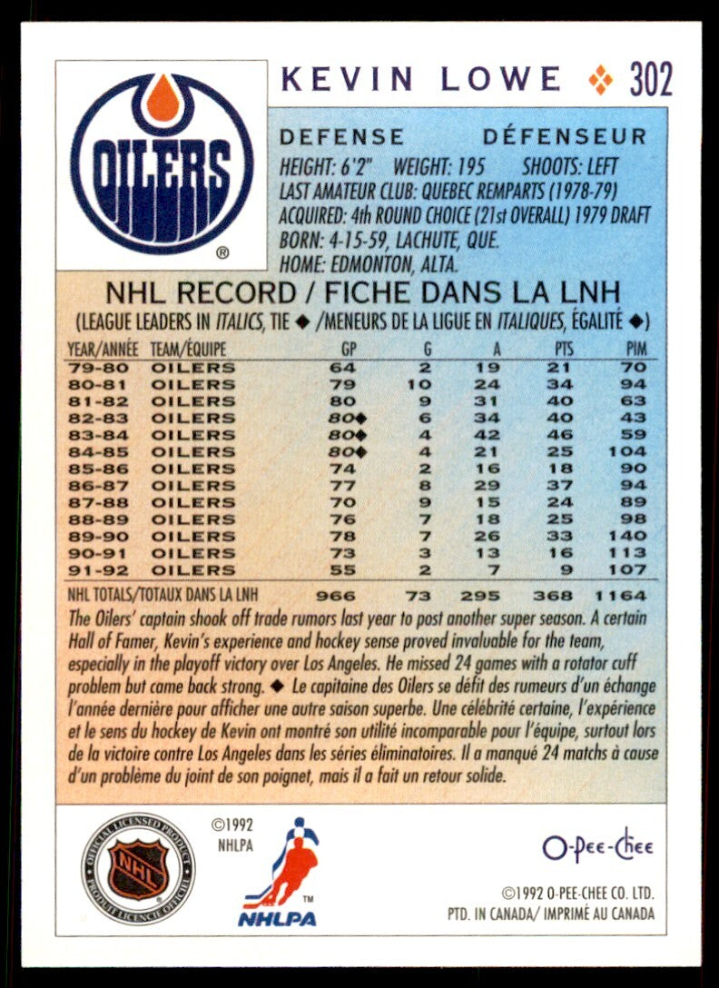 1992-93 O-Pee-Chee Kevin Lowe . Edmonton Oilers #302