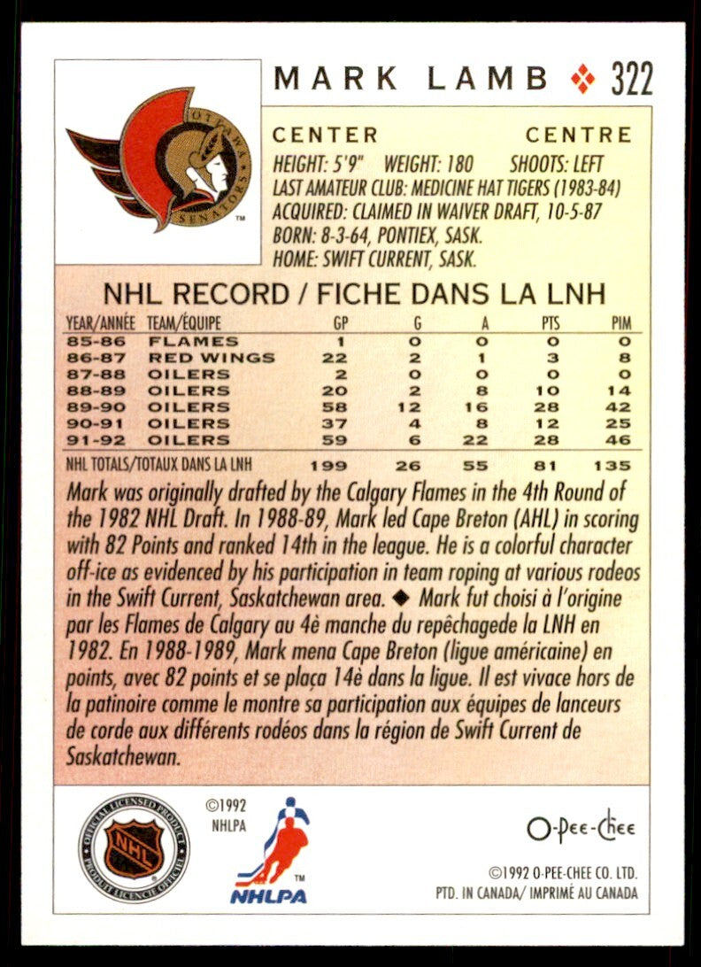 1992-93 O-Pee-Chee Mark Lamb . Ottawa Senators #322