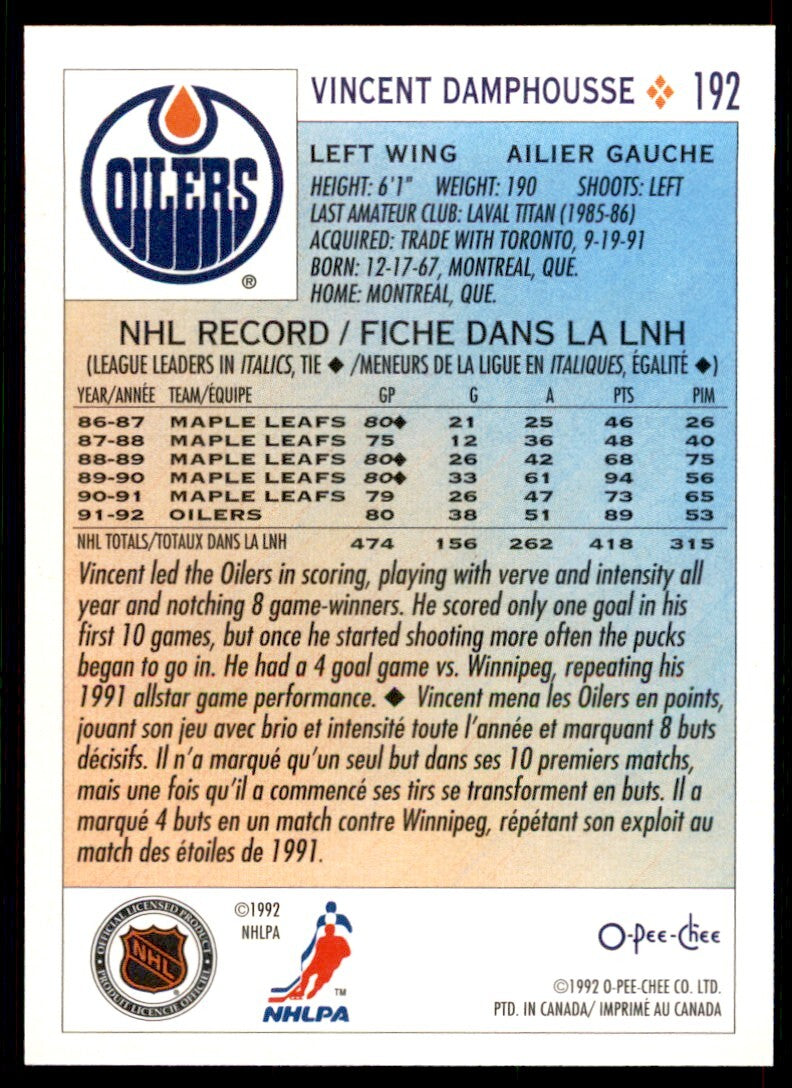 1992-93 O-Pee-Chee Vincent Damphousse . Edmonton Oilers #192