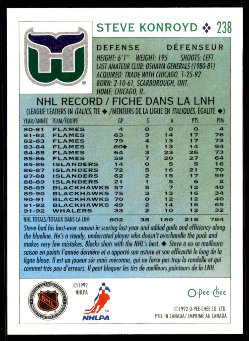 1992-93 O-Pee-Chee Steve Konroyd . Hartford Whalers #238