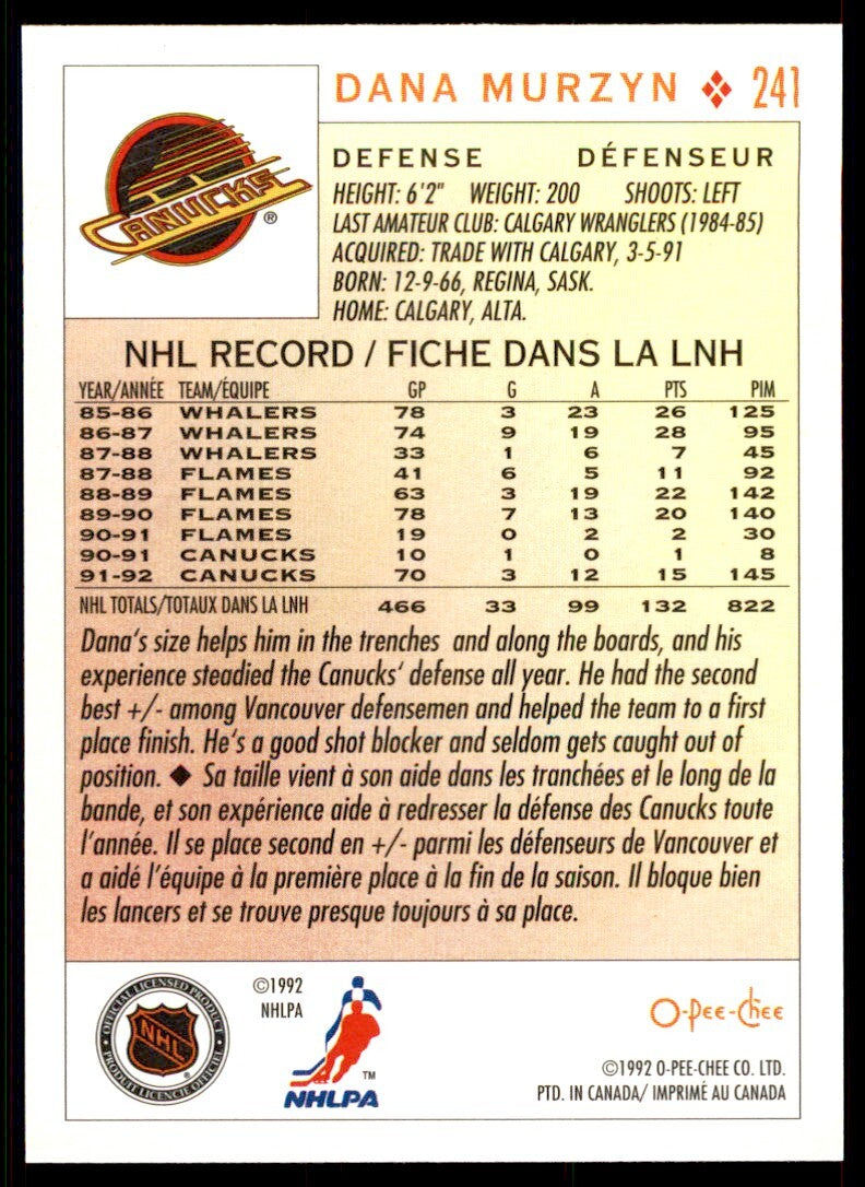 1992-93 O-Pee-Chee Dana Murzyn . Vancouver Canucks #241