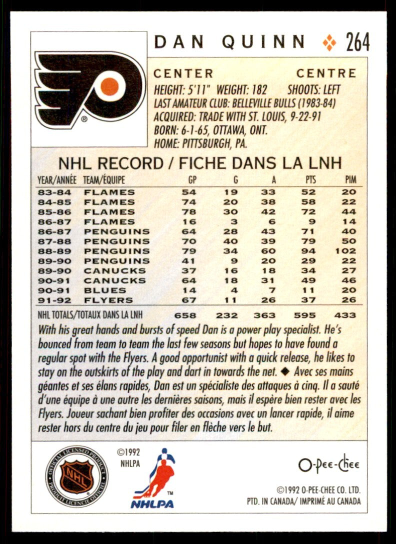 1992-93 O-Pee-Chee Dan Quinn . Philadelphia Flyers #264