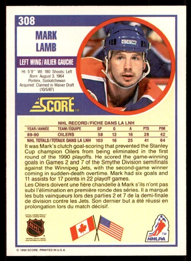 1990-91 Score Canadian Mark Lamb Rookie . Edmonton Oilers #308