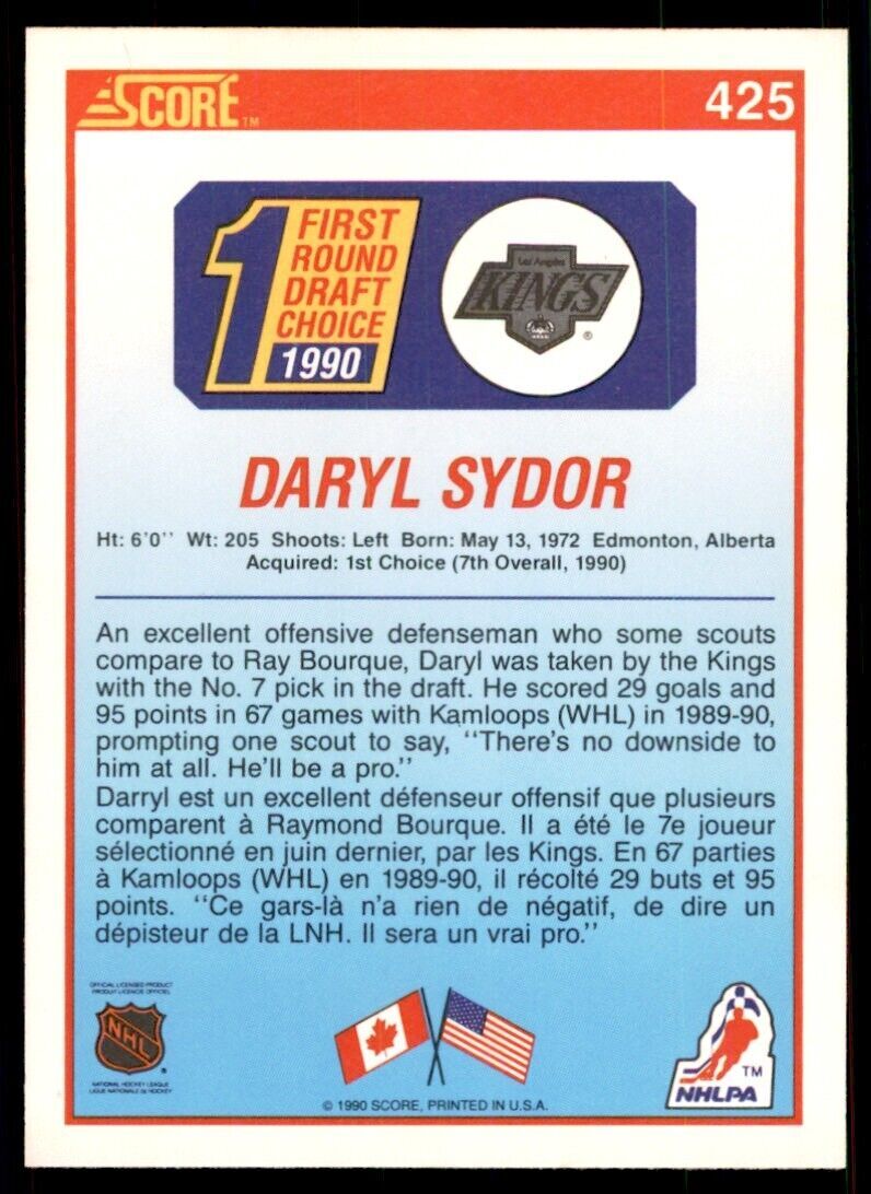 1990-91 Score Canadian Darryl Sydor Rookie . Los Angeles Kings #425