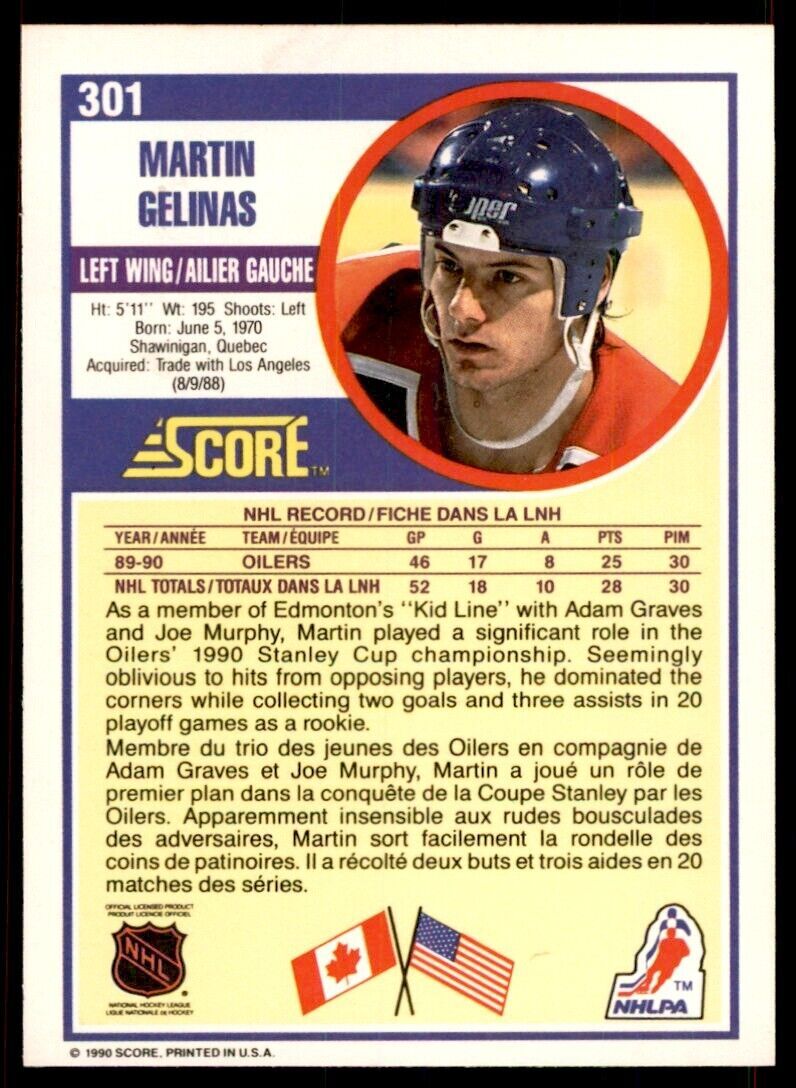 1990-91 Score Canadian Martin Gelinas Rookie . Edmonton Oilers #301