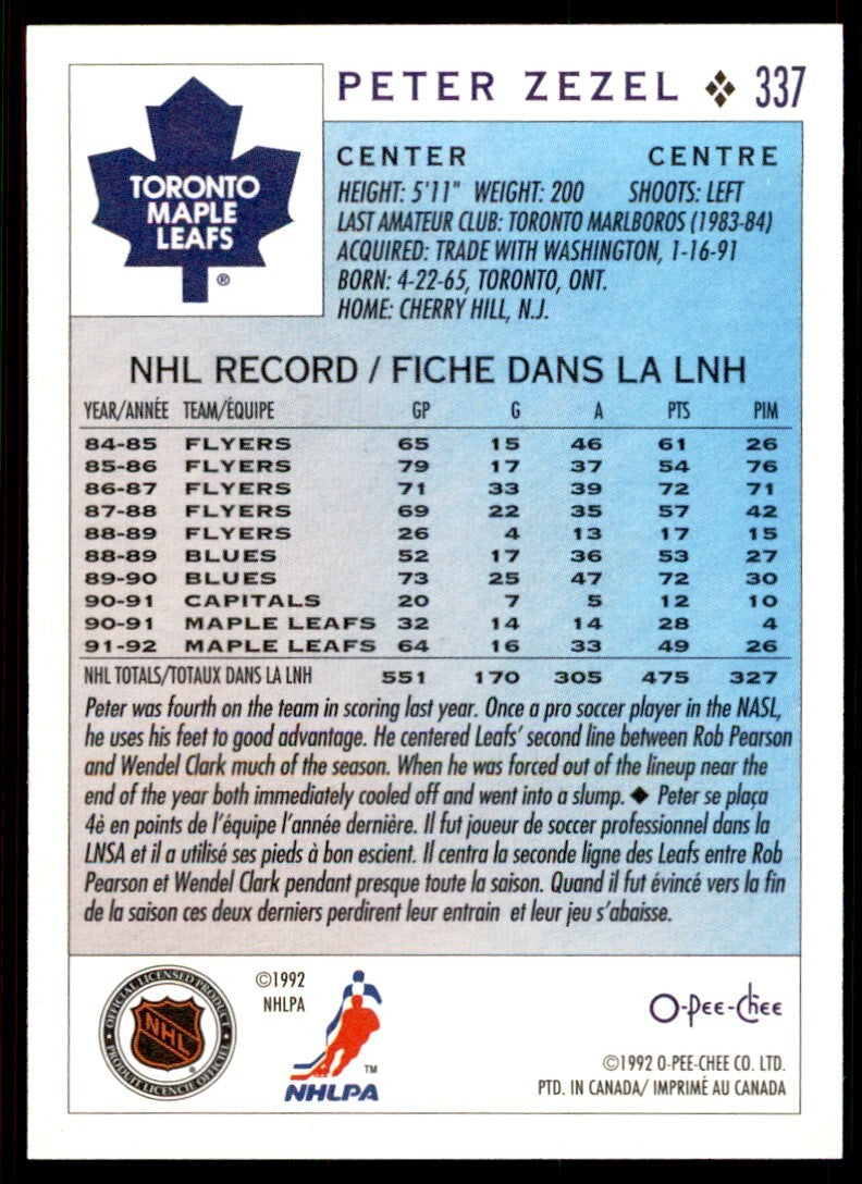 1992-93 O-Pee-Chee Peter Zezel . Toronto Maple Leafs #337