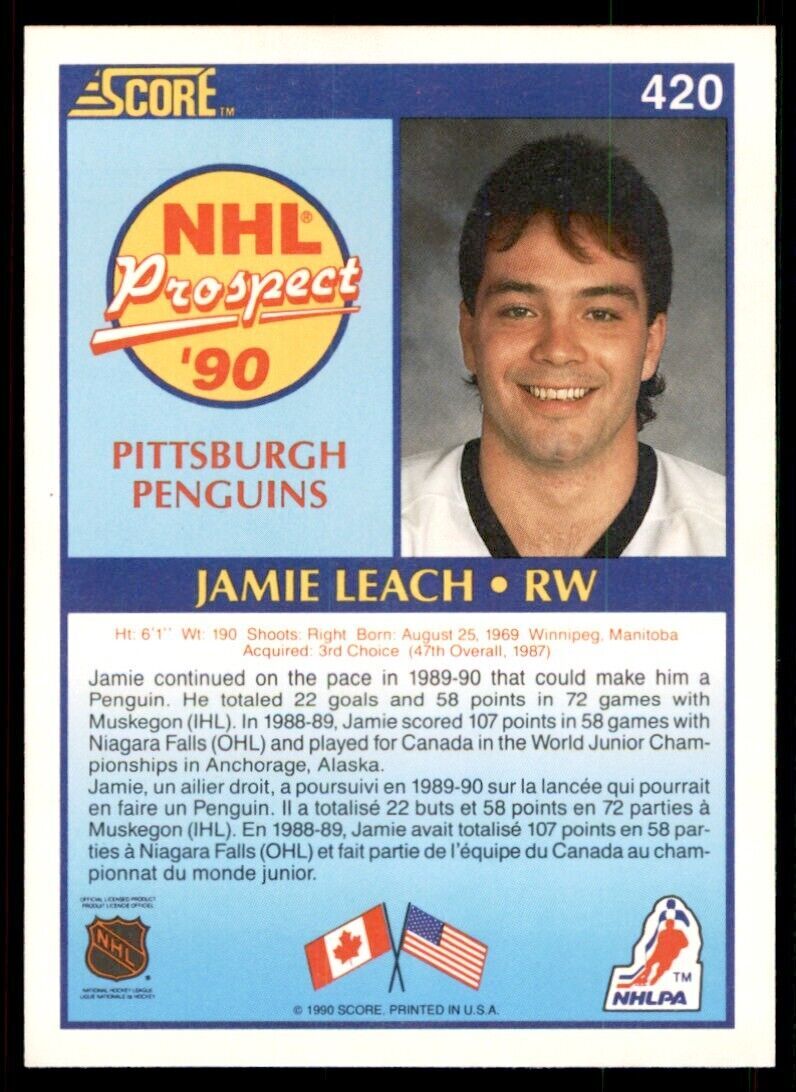 1990-91 Score Canadian Jamie Leach Rookie . Pittsburgh Penguins #420