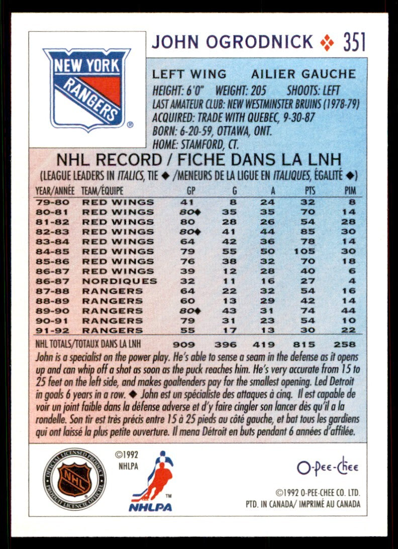 1992-93 O-Pee-Chee John Ogrodnick . New York Rangers #351