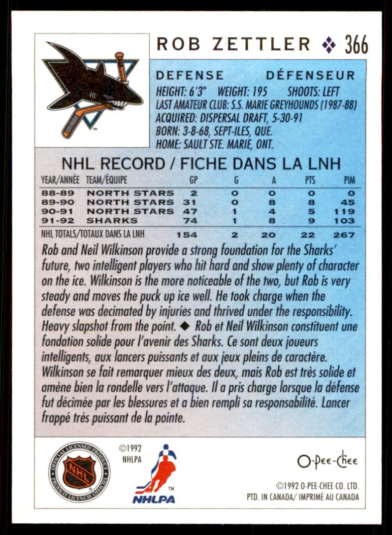 1992-93 O-Pee-Chee Rob Zettler . San Jose Sharks #366