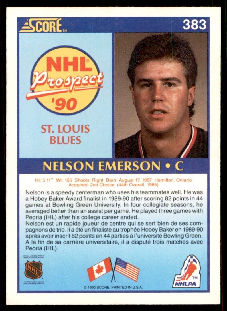 1990-91 Score Canadian Nelson Emerson Rookie . St. Louis Blues #383