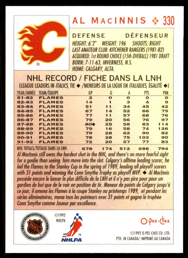 1992-93 O-Pee-Chee Al MacInnis . Calgary Flames #330