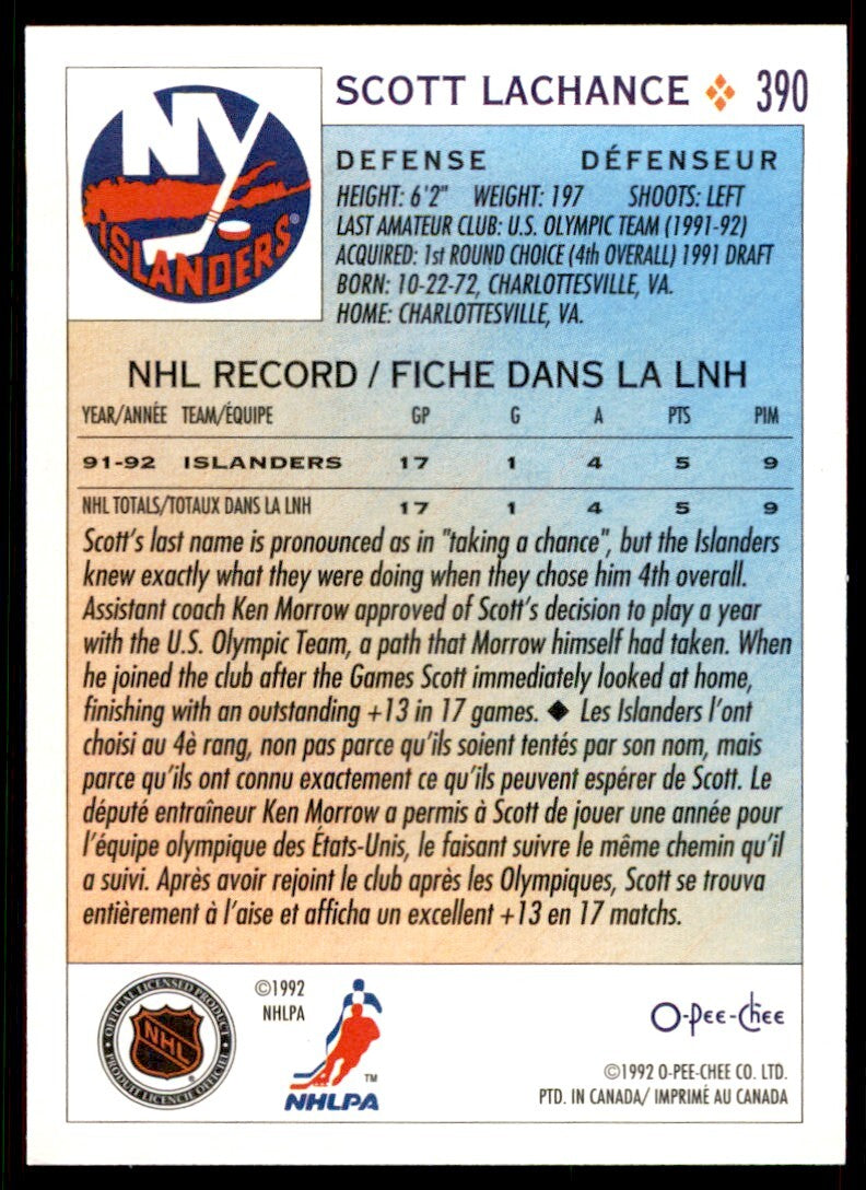 1992-93 O-Pee-Chee Scott Lachance . New York Islanders #390