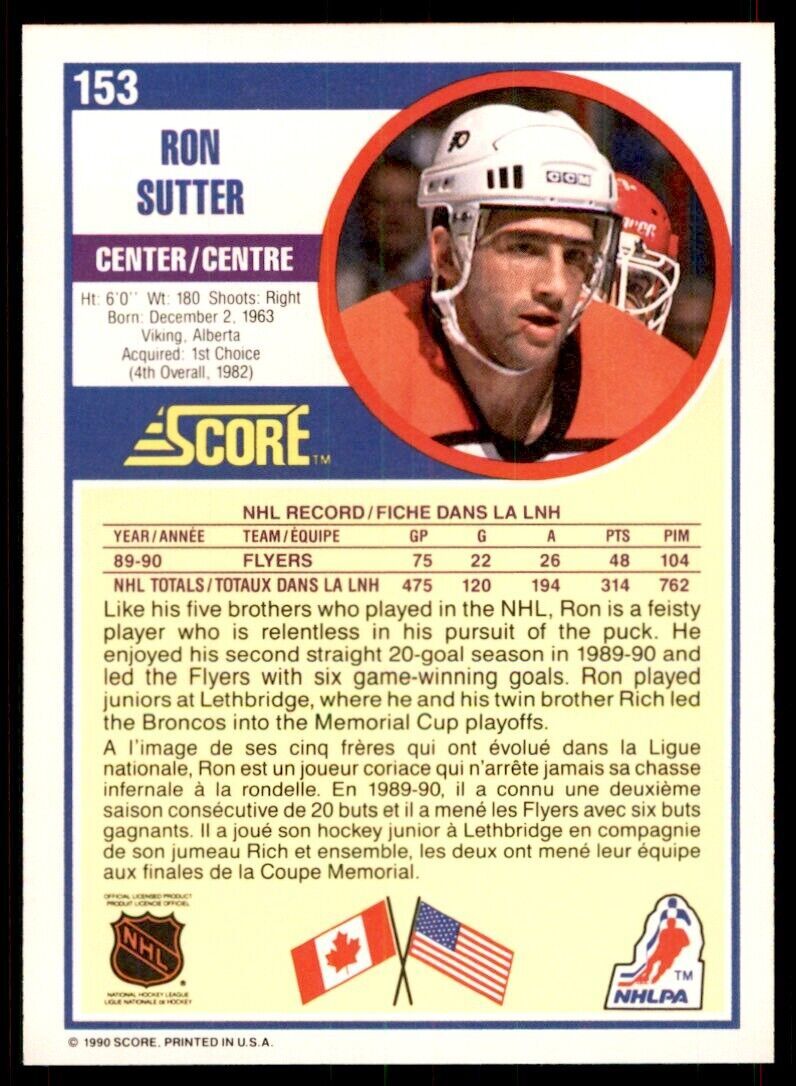 1990-91 Score Canadian Ron Sutter . Philadelphia Flyers #153