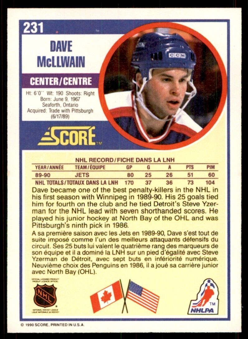 1990-91 Score Canadian Dave McLlwain . Winnipeg Jets #231
