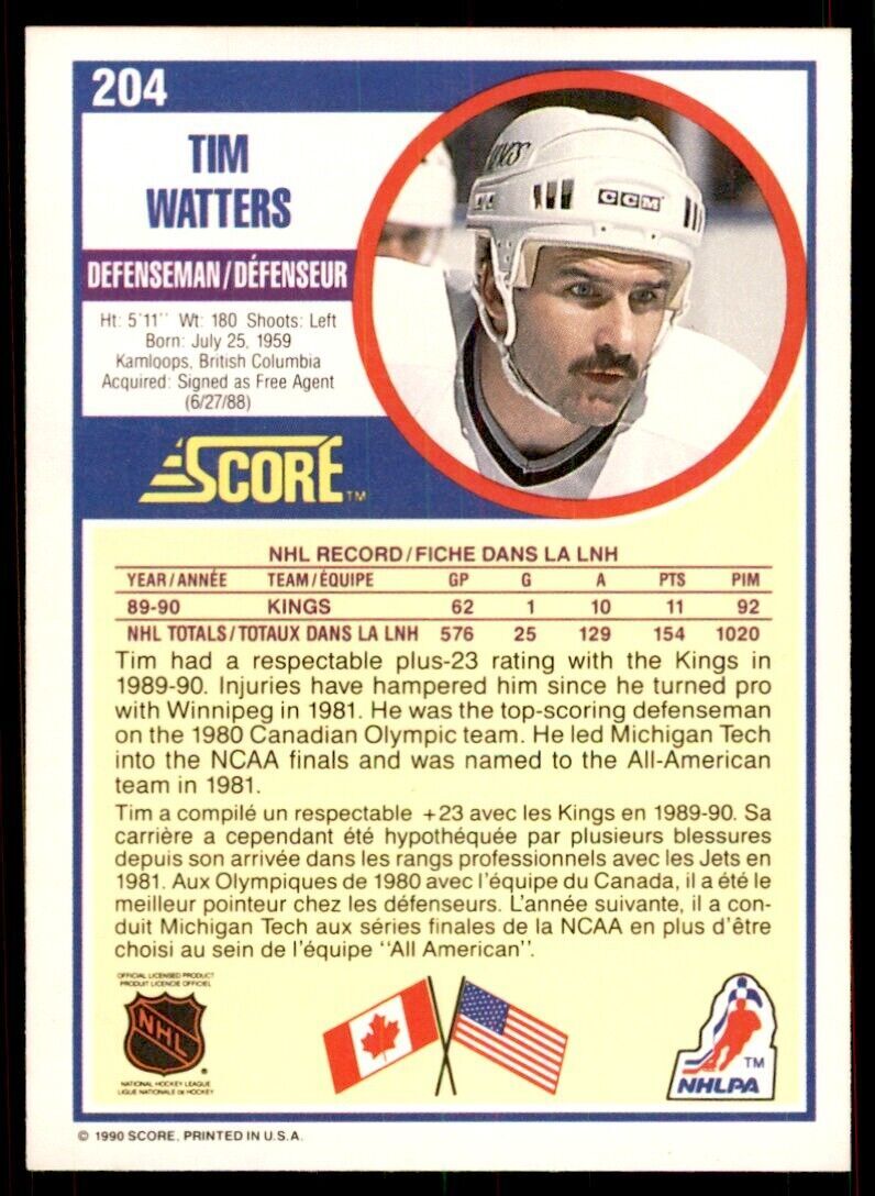 1990-91 Score Canadian Tim Watters . Los Angeles Kings #204