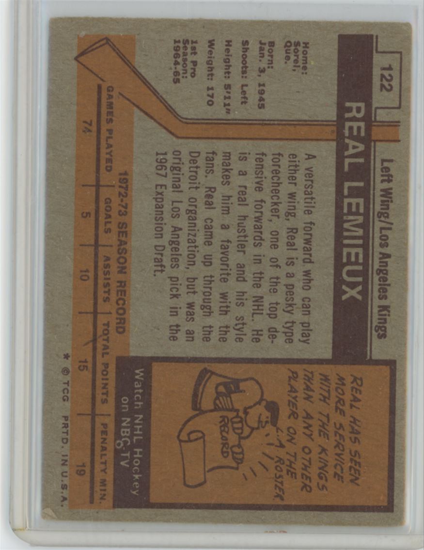 1973-74 TOPPS REAL LEMIEUX . LOS ANGELES KINGS #122
