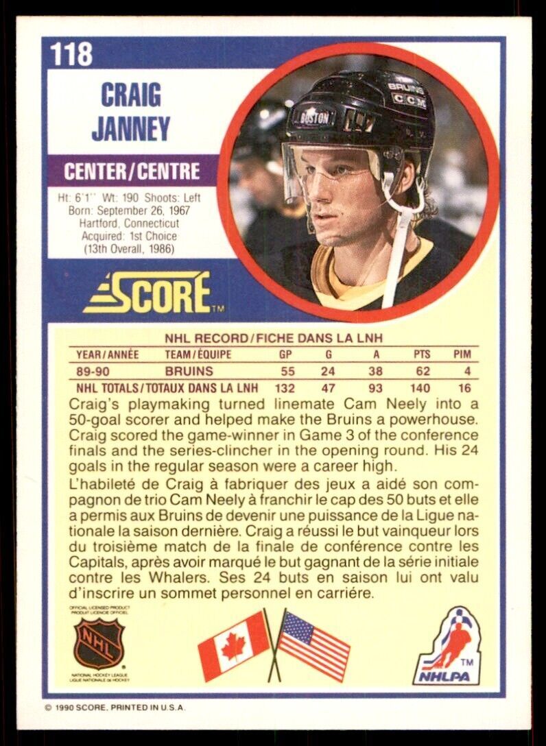 1990-91 Score Canadian Craig Janney . Boston Bruins #118