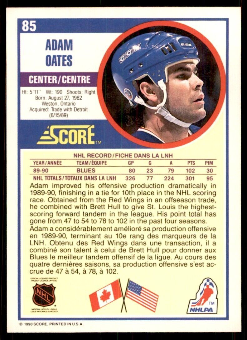 1990-91 Score Canadian Adam Oates . St. Louis Blues #85