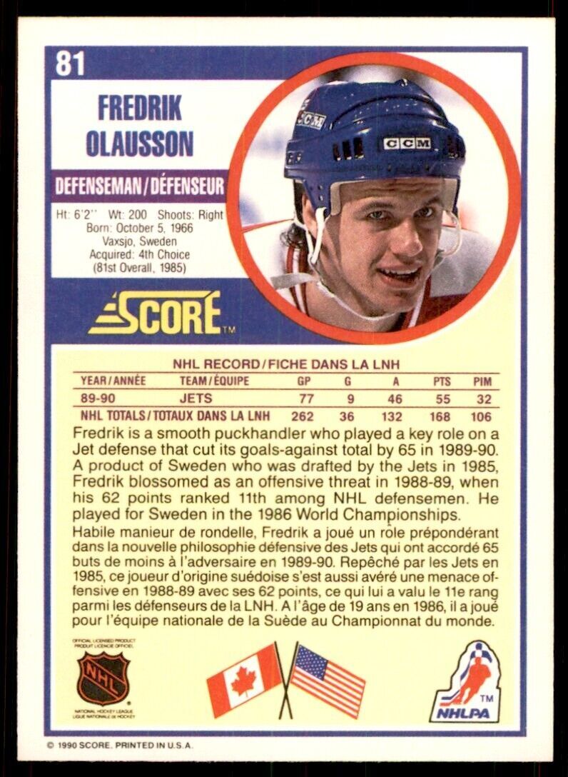 1990-91 Score Canadian Fredrik Olausson . Winnipeg Jets #81