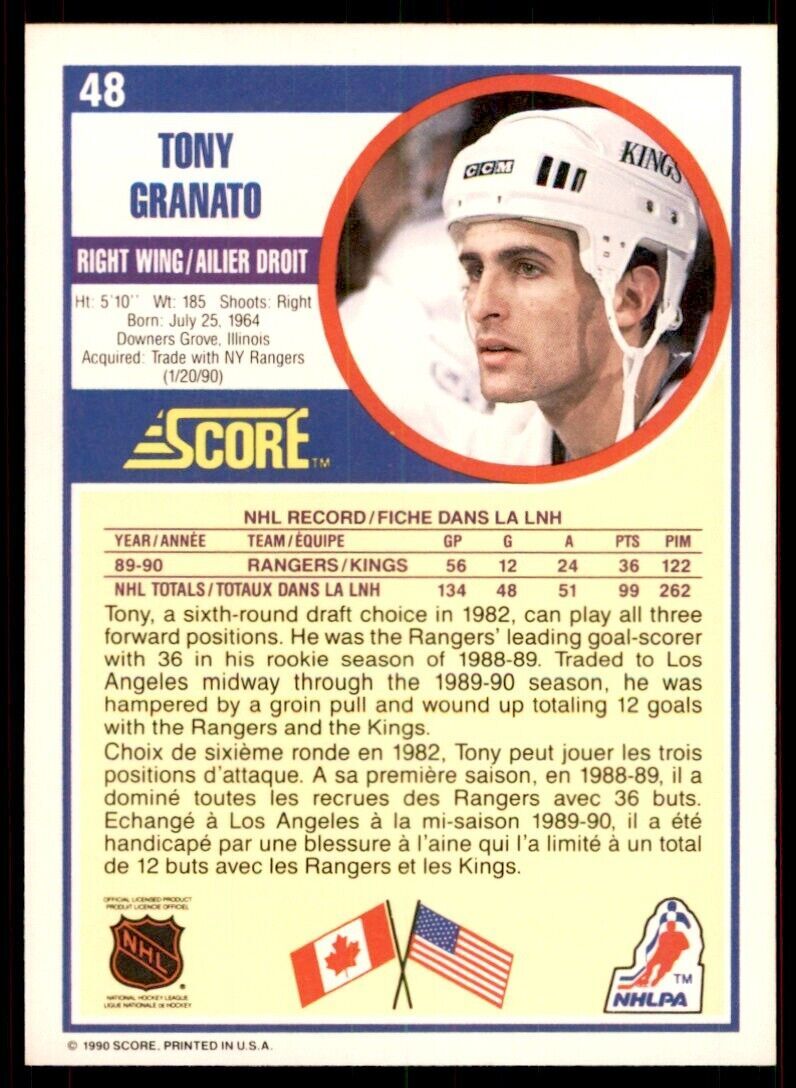 1990-91 Score Canadian Tony Granato . Los Angeles Kings #48