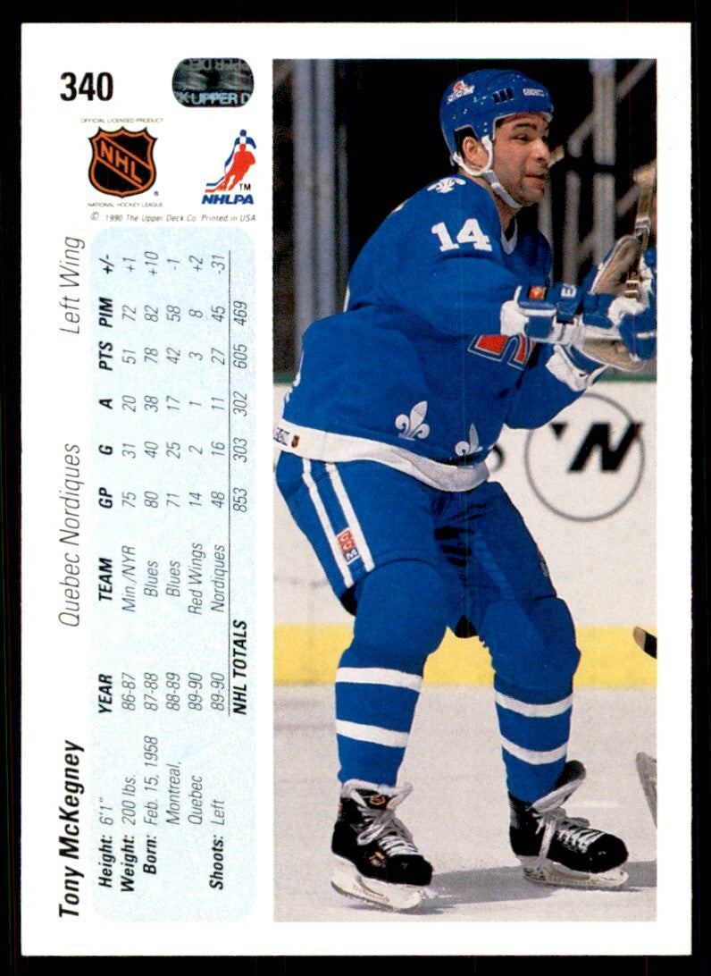 1990-91 Upper Deck Tony McKegney . Quebec Nordiques #340