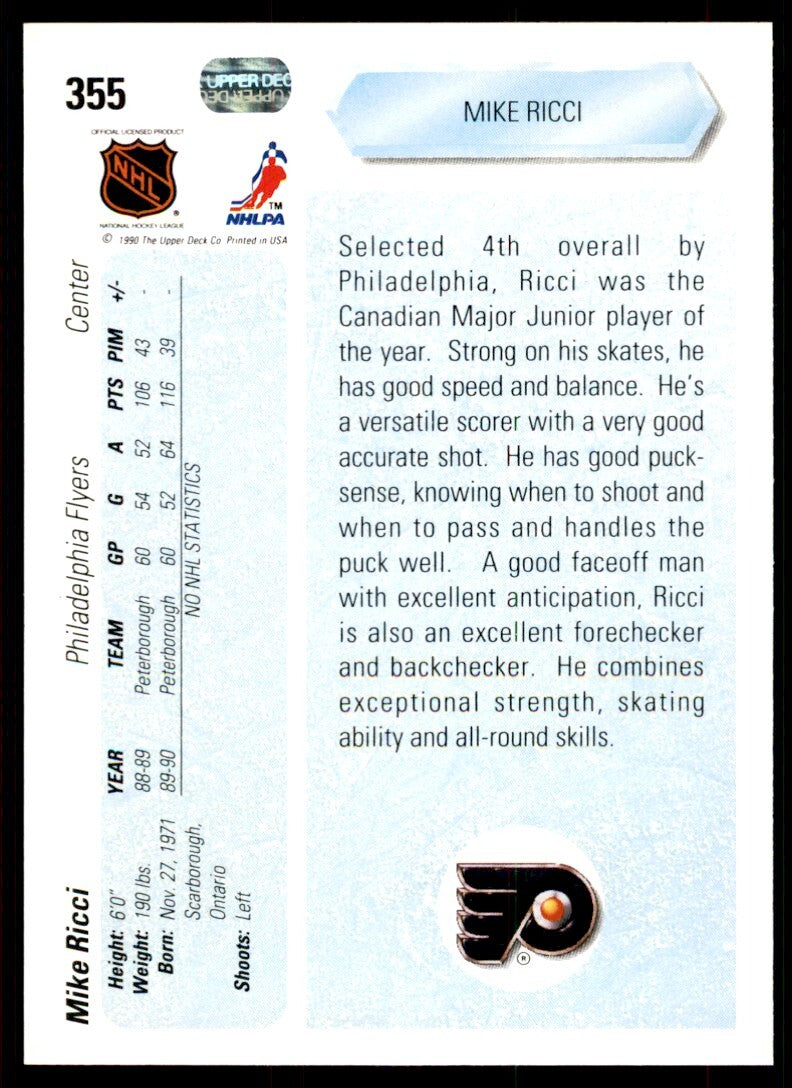 1990-91 Upper Deck Mike Ricci Rookie . Philadelphia Flyers #355