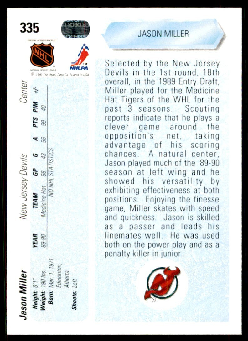 1990-91 Upper Deck Jason Miller Rookie . New Jersey Devils #335