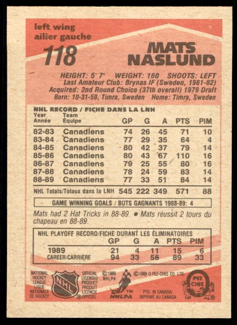 1989-90 O-PEE-CHEE MATS NASLUND . MONTREAL CANADIENS #118