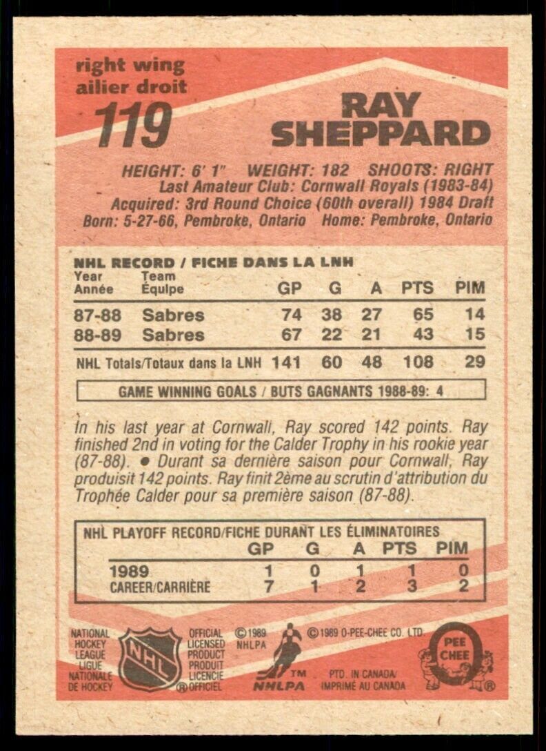 1989-90 O-PEE-CHEE RAY SHEPPARD . BUFFALO SABRES #119